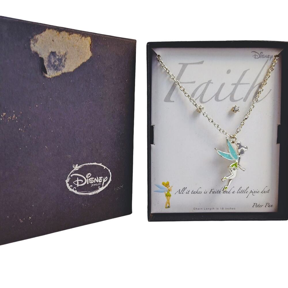 Disney Tinker Bell Necklace and Earring Set Silver Tone NIB - Picture 1 of 9